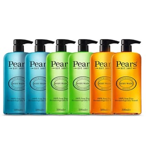 Six bottles of Pears body wash in various colors, each with a pump dispenser, labeled for 100% soap-free and dermatologically tested.