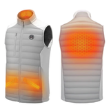 Heated vest with visible heating elements in orange, shown from the front and back. Features zippered pockets and a round logo on the chest.