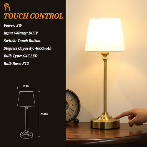Touch control table lamp with 3W power, DC5V input, stepless brightness, 4000mAh capacity, G45 LED bulb, E12 base; dimensions: 15.8in height, 5.9in width.