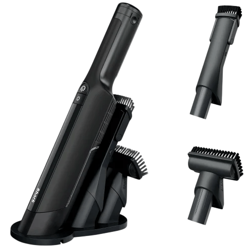 A black handheld vacuum cleaner with a charging base shown alongside two interchangeable attachments designed for specific cleaning purposes.