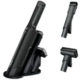 A black handheld vacuum cleaner with a charging base shown alongside two interchangeable attachments designed for specific cleaning purposes.