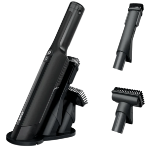 A black handheld vacuum cleaner with a charging base shown alongside two interchangeable attachments designed for specific cleaning purposes.