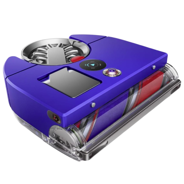 A purple robotic vacuum cleaner with advanced sensors is shown alongside a smartphone displaying its control app interface.