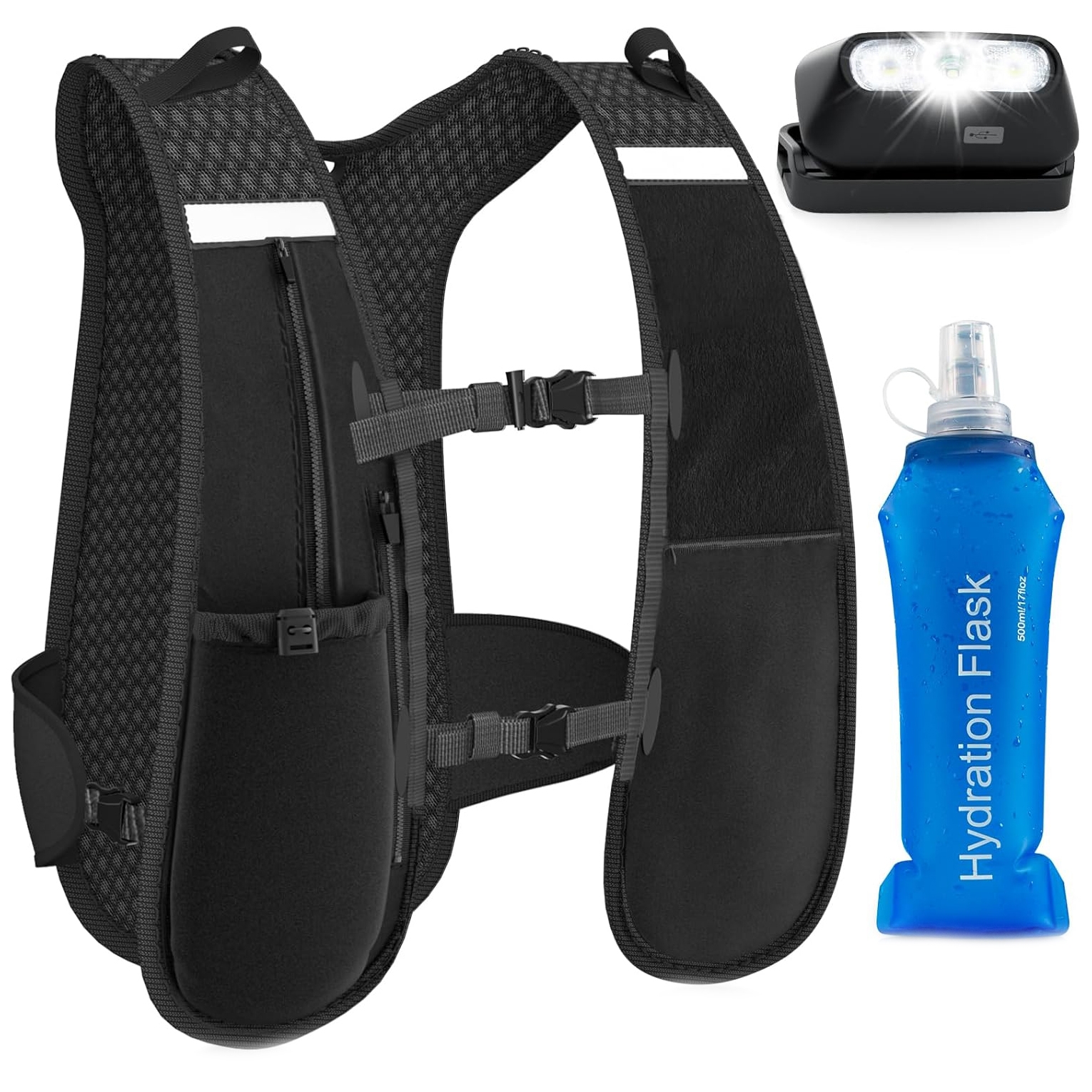 A black hydration vest with multiple pockets and adjustable straps is shown alongside a collapsible blue water flask labeled \“Hydration Flask\“ and a small headlamp with three LED lights.