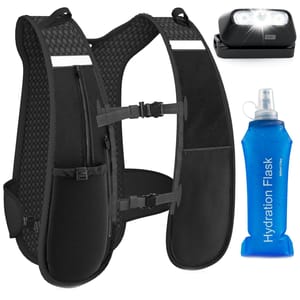 A black hydration vest with multiple pockets and adjustable straps is shown alongside a collapsible blue water flask labeled \“Hydration Flask\“ and a small headlamp with three LED lights.