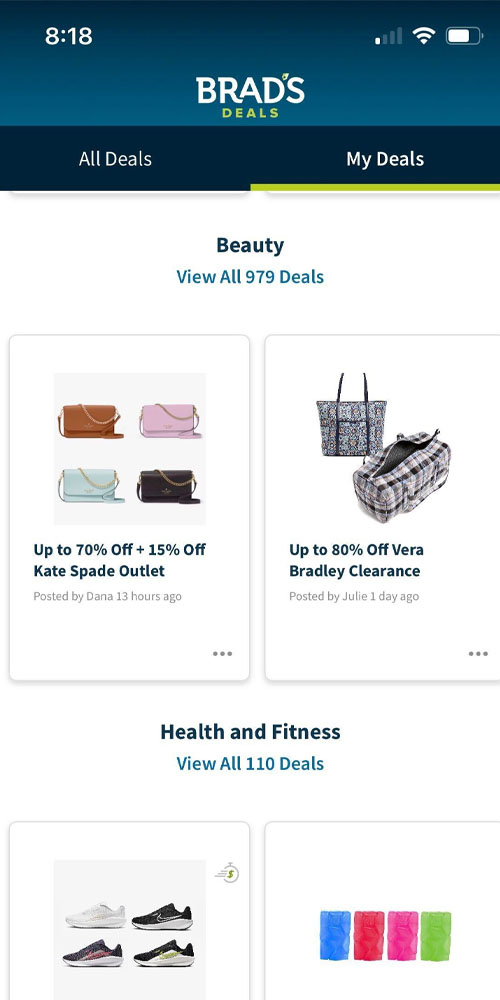the 'my personalized deals' page on the Brad's Deals App showing beauty and health and fitness categories