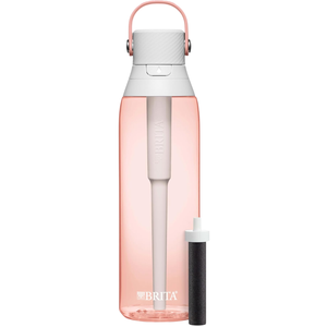 A pink Brita water bottle with a built-in filter, shown alongside a separate replacement filter.