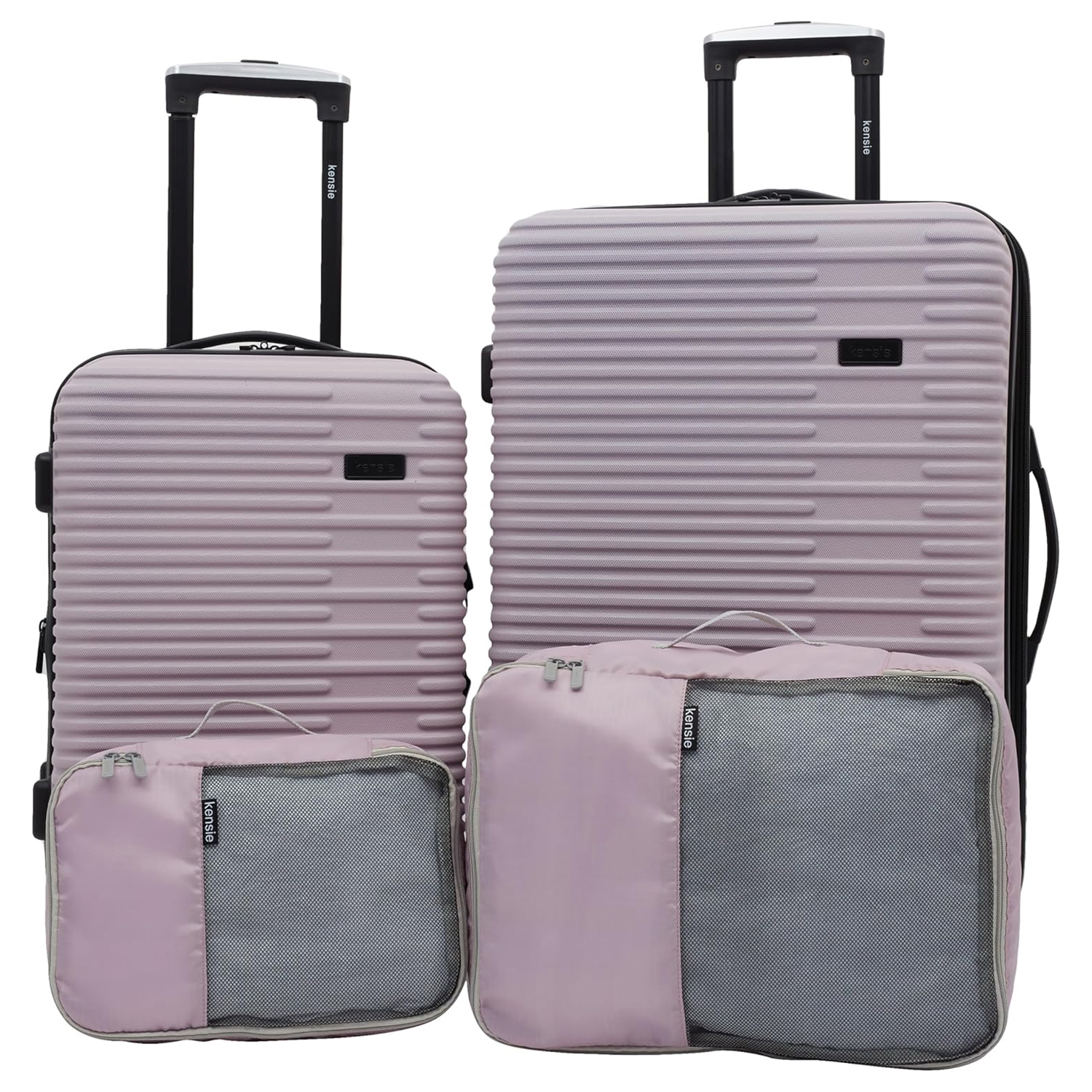 A 4-piece luggage set in lavender includes two hard-shell rolling suitcases with retractable handles and two matching packing cubes featuring mesh pockets. The suitcases have a ribbed texture and come in different sizes.