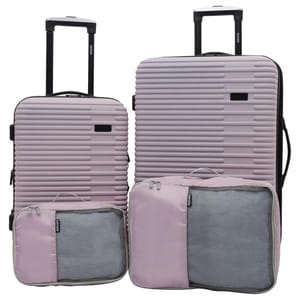 A 4-piece luggage set in lavender includes two hard-shell rolling suitcases with retractable handles and two matching packing cubes featuring mesh pockets. The suitcases have a ribbed texture and come in different sizes.