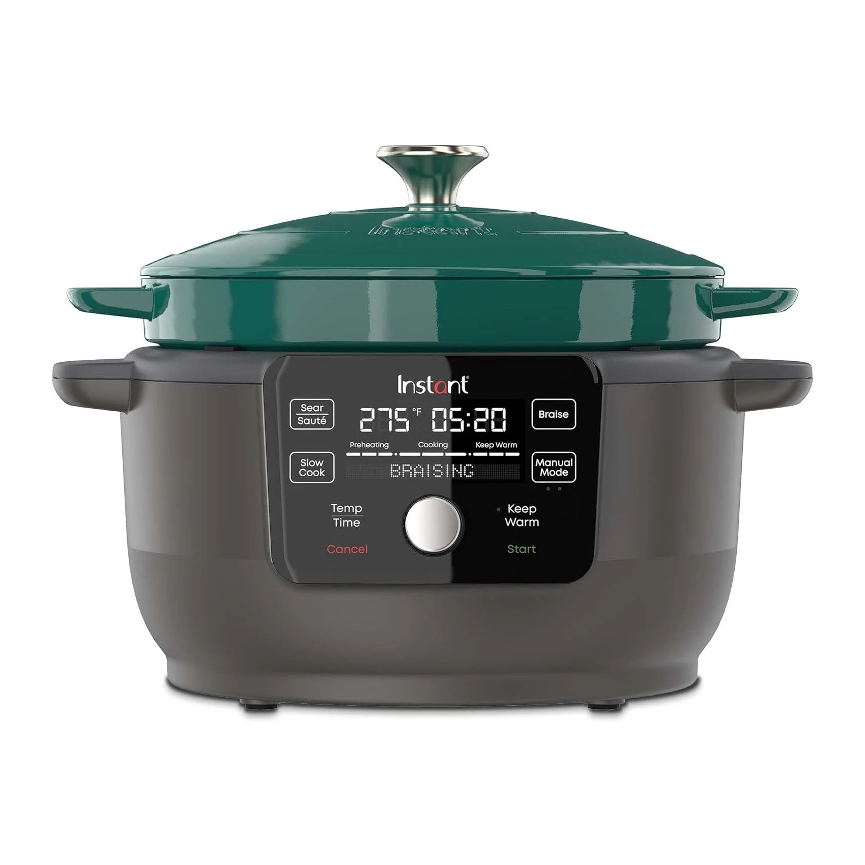 A 6-quart electric cast-iron Dutch oven with a digital display featuring settings for temperature, time, and cooking modes, in a dark grey and green color scheme.