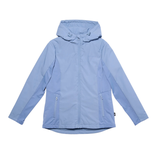 Light blue jacket with a hood, front zipper, and zippered side pockets. Features adjustable drawstrings on the hood.