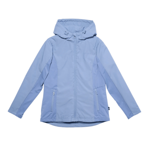 Light blue jacket with a hood, front zipper, and zippered side pockets. Features adjustable drawstrings on the hood.