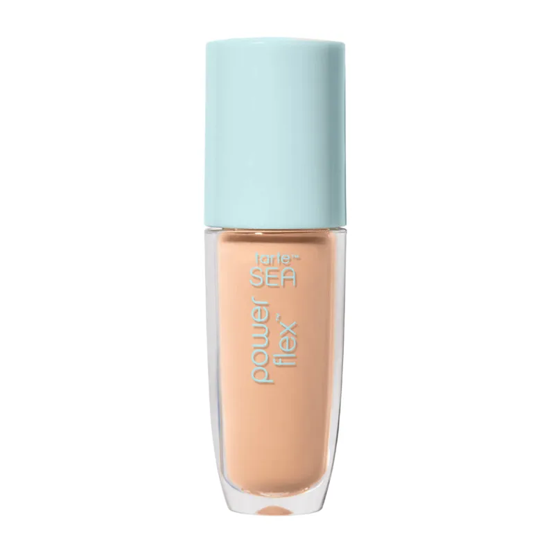 Tarte SEA Power Flex concealer with a light blue cap and transparent bottle containing beige liquid concealer.