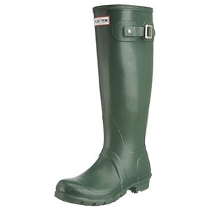 A green rubber rain boot with a knee-high design features an adjustable buckle strap near the top.
