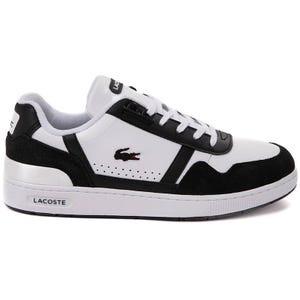 Lacoste T-Clip Athletic Shoes feature a white and black color scheme with black suede accents, the iconic Lacoste crocodile logo on the side, and LACOSTE branding on the sole.