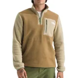 A two-toned brown and beige fleece pullover with a half-zip, featuring a zippered chest pocket and logo.