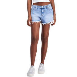 Denim shorts with frayed hems paired with white sneakers and a cropped white top.