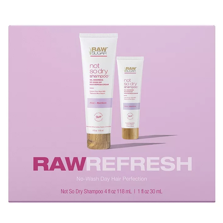 Raw Sugar Living Raw Refresh Gift Set includes two \“Not So Dry Shampoo\“ tubes, an oil-absorbing no-wash dry hair refresh cream with Aloe + Bamboo, in sizes 4 fl oz (118 mL) and 1 fl oz (30 mL).