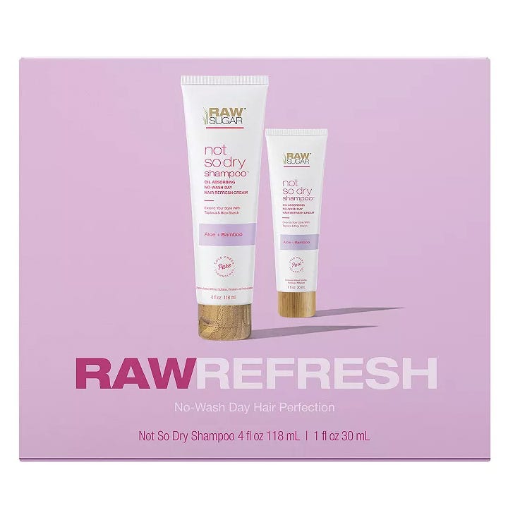 Raw Sugar Living Raw Refresh Gift Set includes two \“Not So Dry Shampoo\“ tubes, an oil-absorbing no-wash dry hair refresh cream with Aloe + Bamboo, in sizes 4 fl oz (118 mL) and 1 fl oz (30 mL).