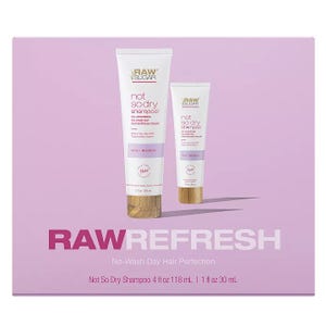 Raw Sugar Living Raw Refresh Gift Set includes two \“Not So Dry Shampoo\“ tubes, an oil-absorbing no-wash dry hair refresh cream with Aloe + Bamboo, in sizes 4 fl oz (118 mL) and 1 fl oz (30 mL).