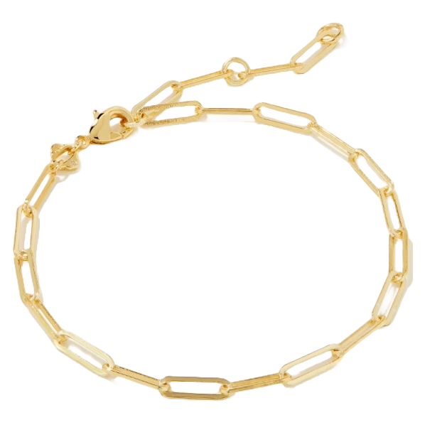 A gold chain bracelet with rectangular links and a lobster clasp closure.