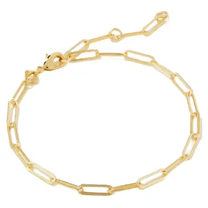 A gold chain bracelet with rectangular links and a lobster clasp closure.