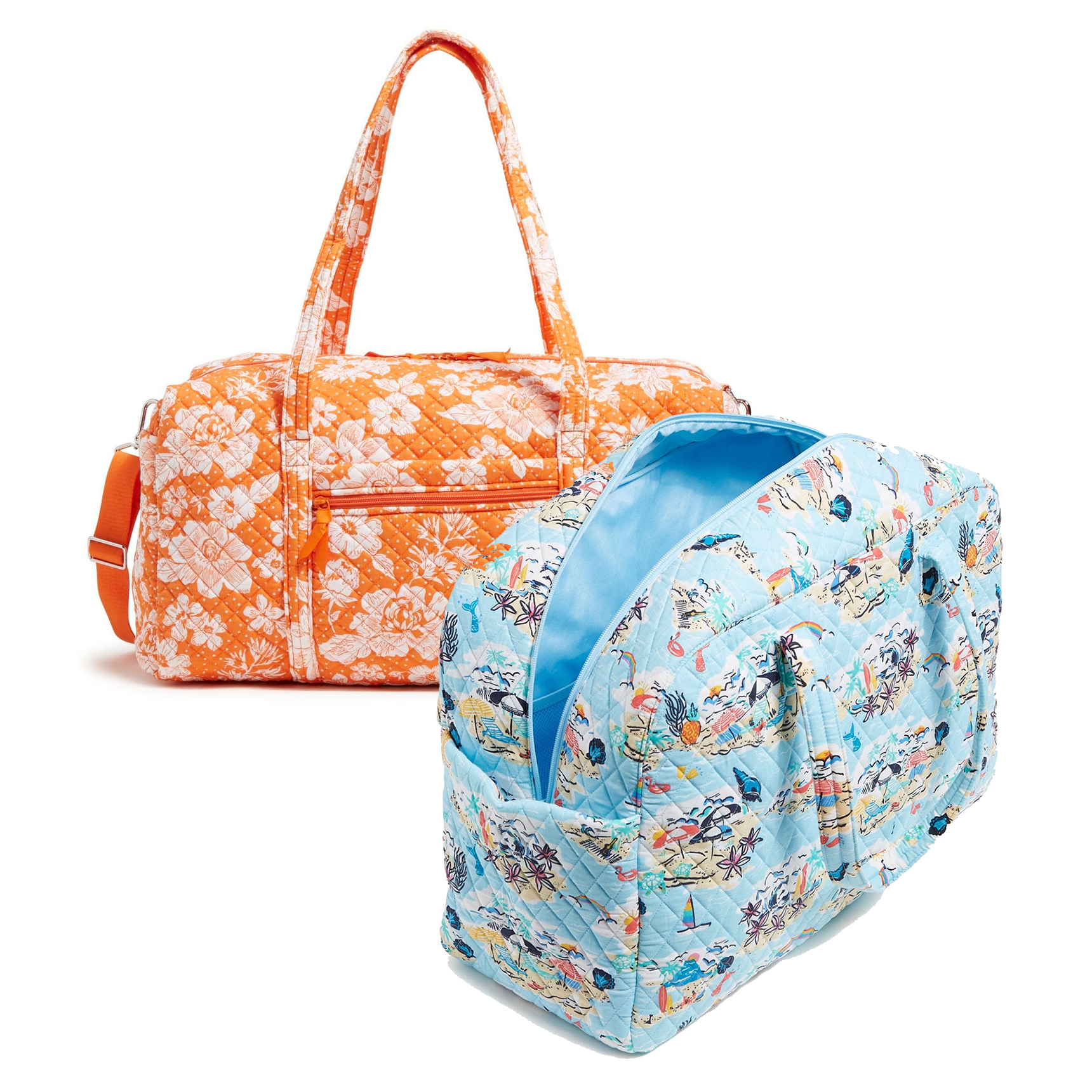 Two patterned duffle bags; one is orange with floral print and the other is blue with a nautical theme.