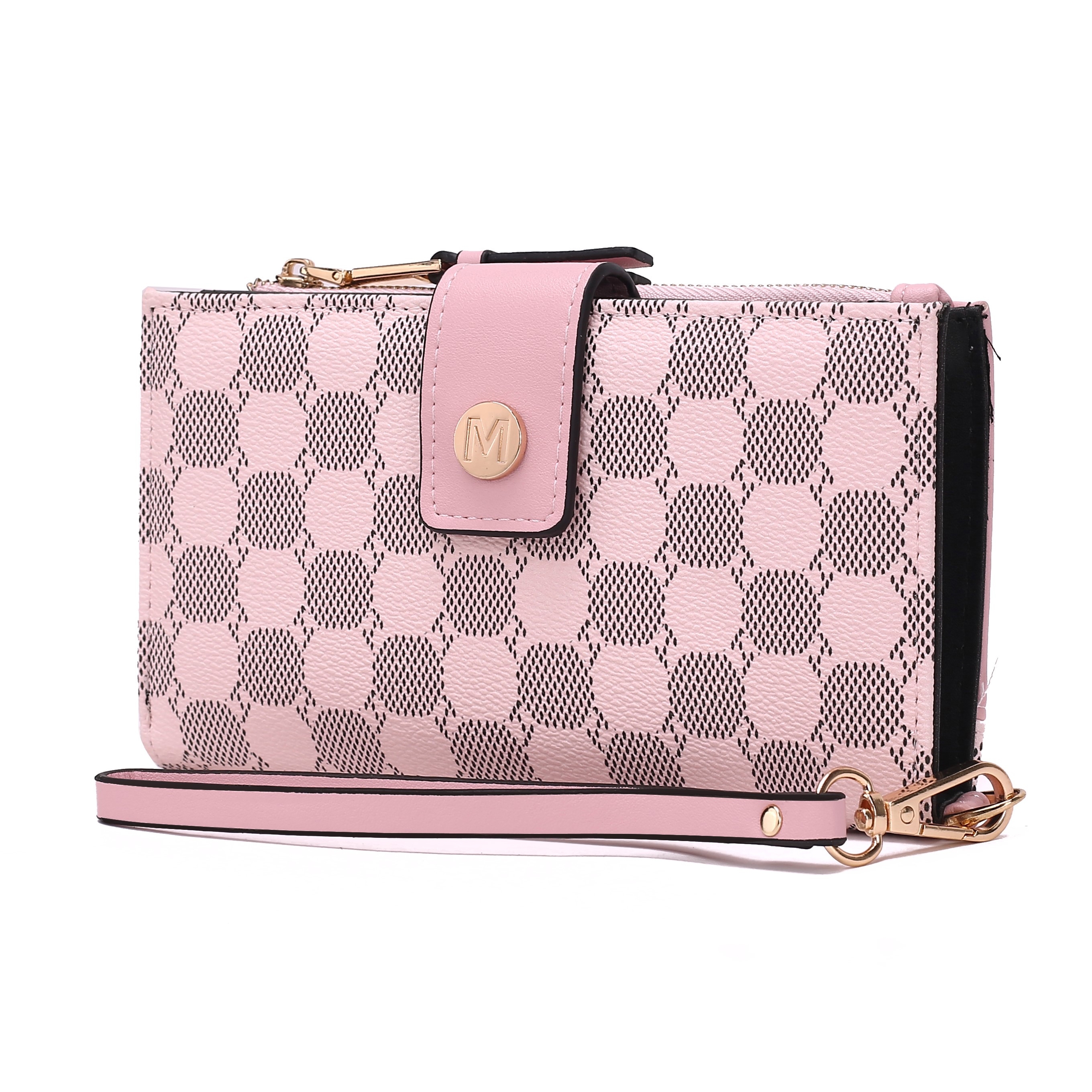 A pink crossbody wallet with a black geometric pattern, gold-tone hardware, and a strap. The closure features a flap with a gold \“M\“ emblem.