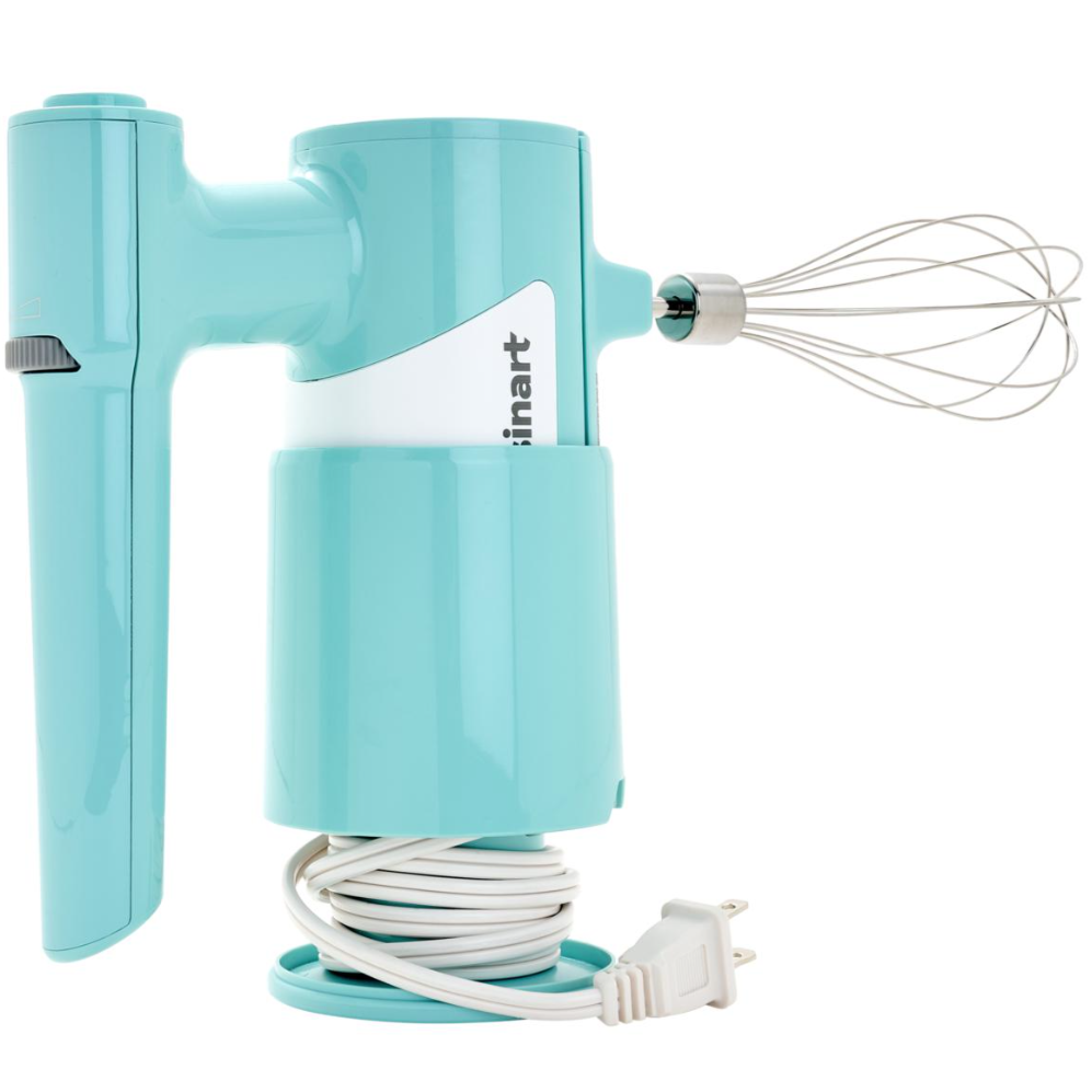 A turquoise hand mixer with a whisk attachment and a coiled power cord at the base, featuring a sleek design.