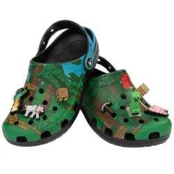 Green Crocs featuring a Minecraft theme with various game-related charms, such as blocks, tools, and characters, attached to the surface.