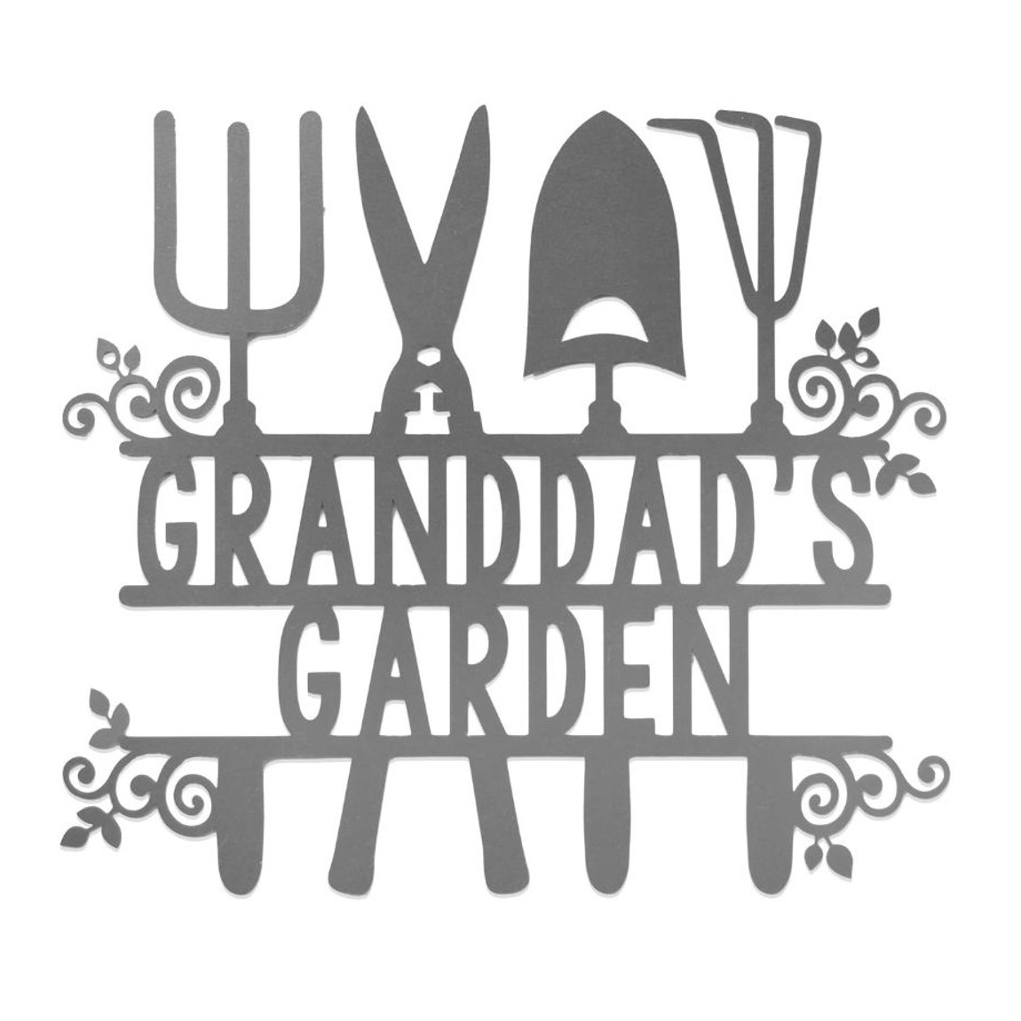 A decorative garden sign featuring gardening tools like a pitchfork, shears, shovel, and rake, with the text \“GRANDDAD'S GARDEN\“ surrounded by ornamental flourishes.