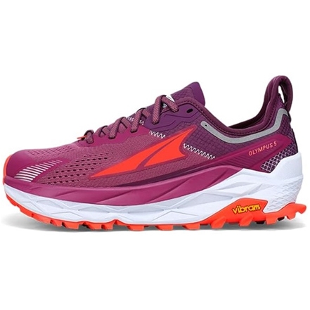 Women's Altra Olympus 5 shoes in purple and orange feature breathable upper mesh, a cushioned and supportive midsole, and Vibram outsoles for enhanced traction, designed for trail running.