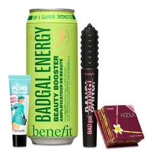 Four Benefit Cosmetics items: BADgal BANG! volumizing mascara, Hoola matte bronzer, BADgal liner waterproof eye pencil, and the POREfessional face primer.