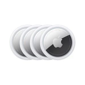 4-Pack of Apple AirTags shown with the Apple logo on each. These are small, circular, white-and-silver tracking devices for locating personal items.
