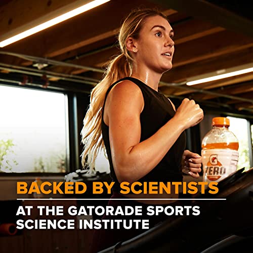 A person runs on a treadmill with a bottle of Gatorade Zero. Text states the product is backed by scientists at the Gatorade Sports Science Institute.
