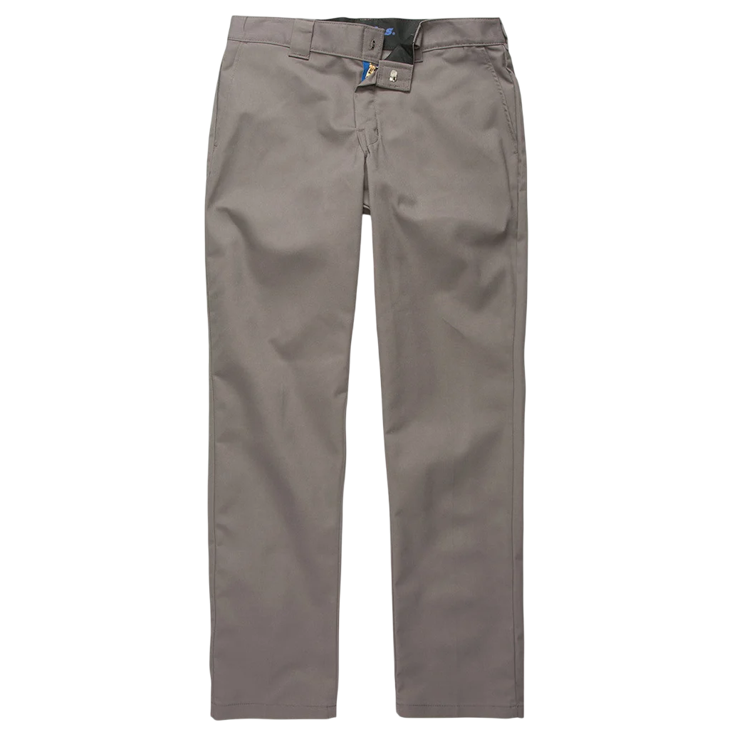 Gray flat-front chino pants with belt loops, front fly, and side pockets.