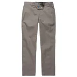 Gray flat-front chino pants with belt loops, front fly, and side pockets.