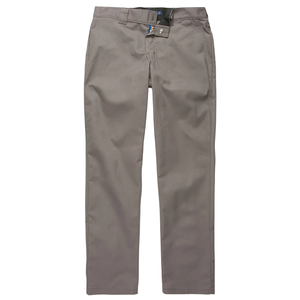 Gray flat-front chino pants with belt loops, front fly, and side pockets.