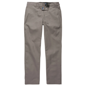 Gray flat-front chino pants with belt loops, front fly, and side pockets.