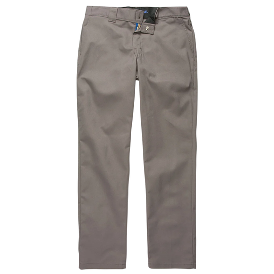 Gray flat-front chino pants with belt loops, front fly, and side pockets.