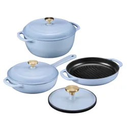 A set of light blue enameled cast iron cookware featuring a Dutch oven with lid, a skillet with lid, and a grill pan. The pieces have brass-colored handles.