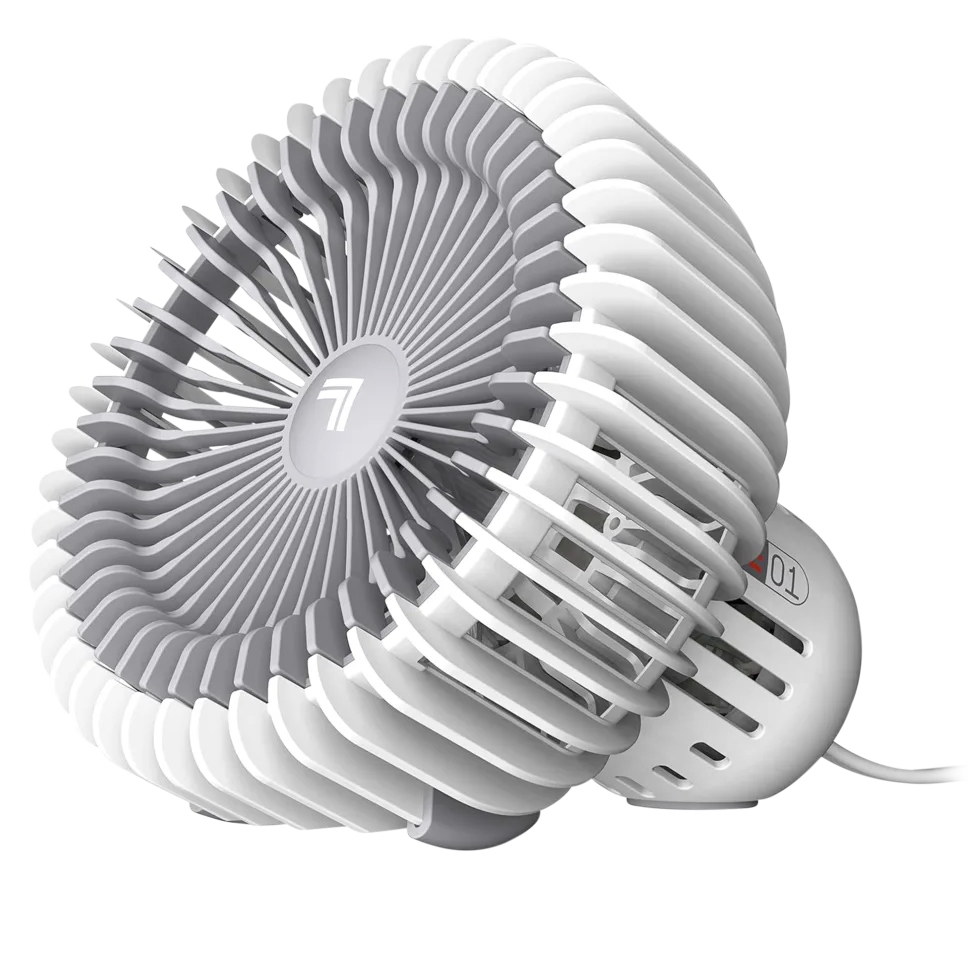 A modern, compact electric fan with a circular design featuring a white and gray color scheme. It has a unique layered blade structure and is connected to a power cord.