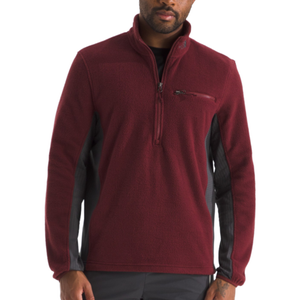 Maroon pullover fleece jacket with a quarter-zip and a zippered chest pocket, featuring dark gray panels on the sides and arms.
