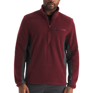 Maroon pullover fleece jacket with a quarter-zip and a zippered chest pocket, featuring dark gray panels on the sides and arms.