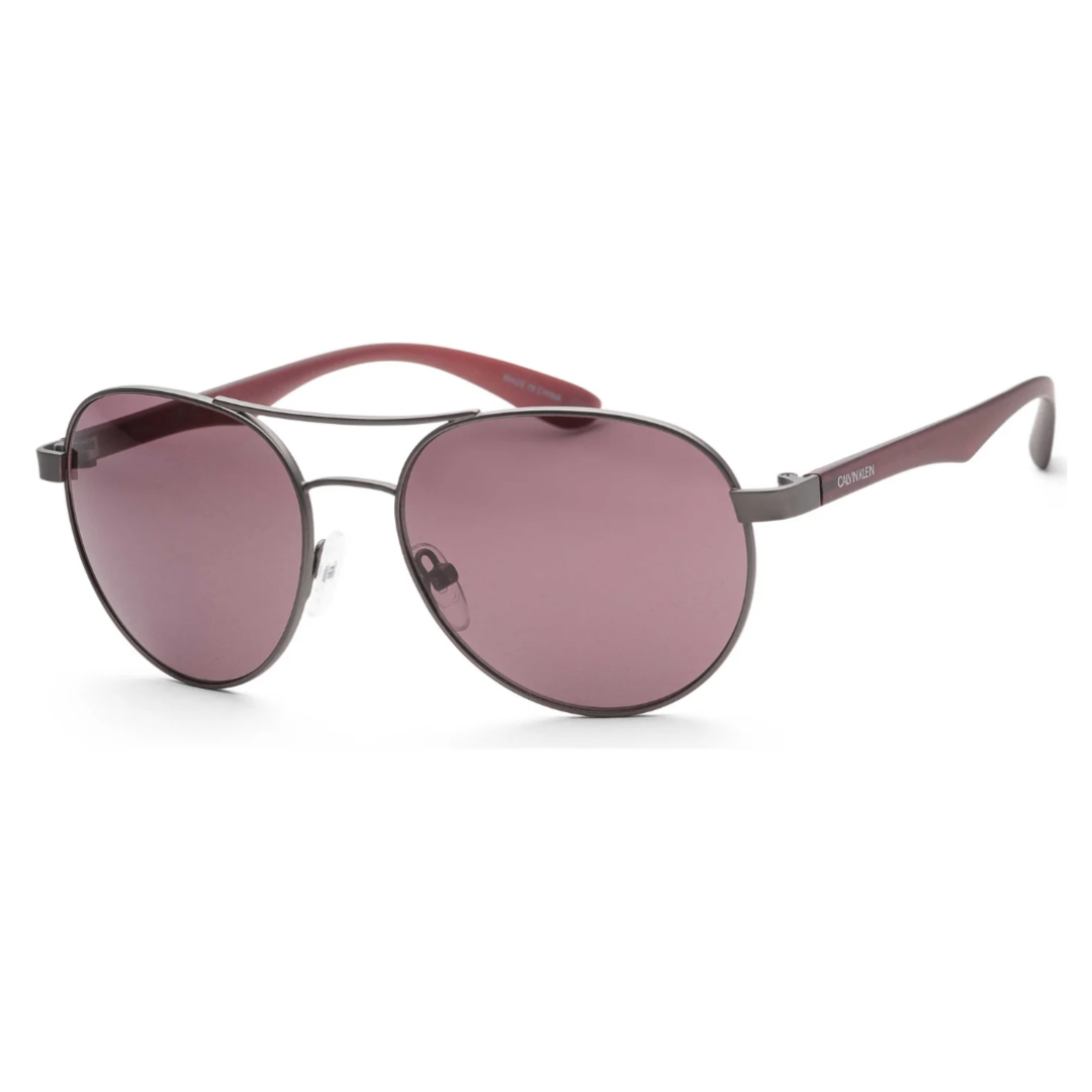 Aviator-style sunglasses with a gray metal frame, purple lenses, and red temple tips.