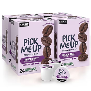 Boxes of Pick Me Up Provisions French Roast Gourmet Coffee K-Cups for Keurig, with a focus on dark roast flavor, shown alongside individual pods.