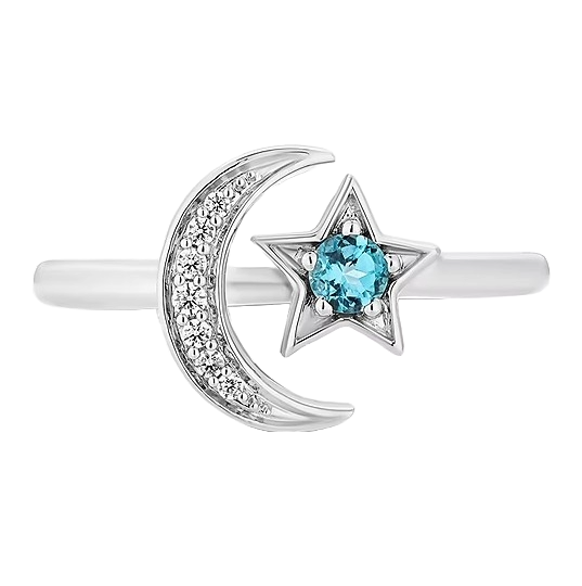 A silver ring features a crescent moon with small clear stones and a star with a central blue gemstone.