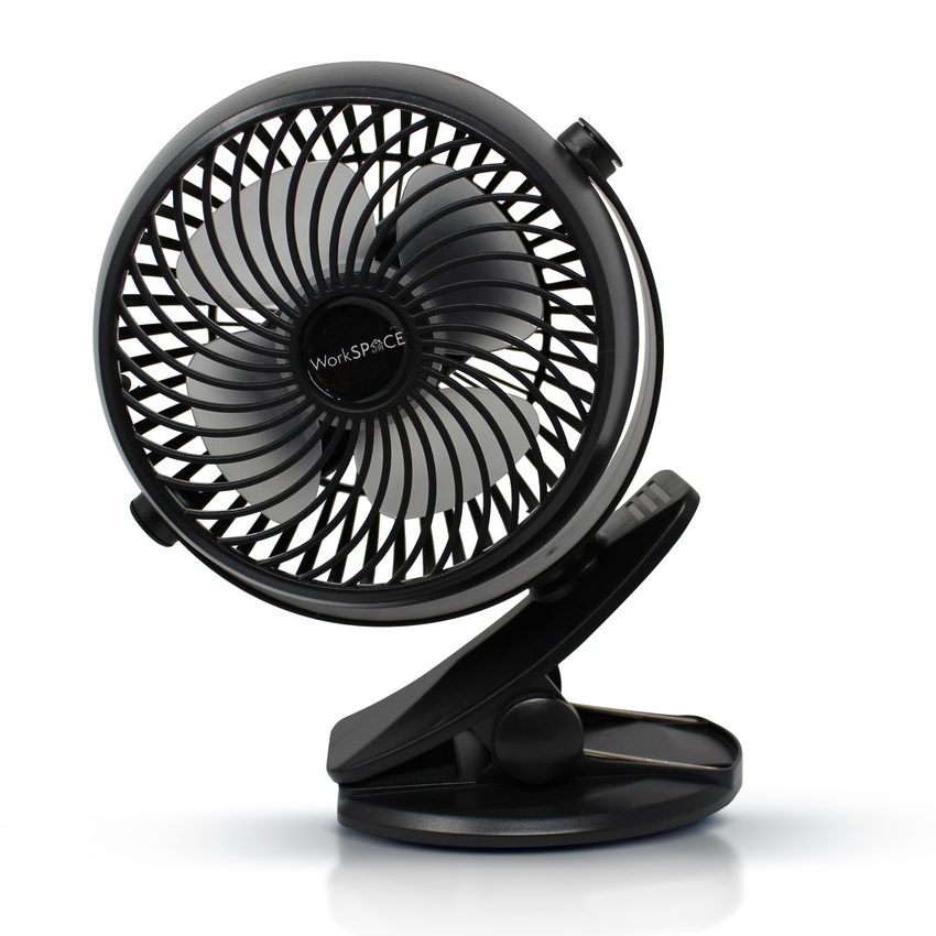 A small, black, portable desk fan with a clamp base, featuring a round protective grill and adjustable head.