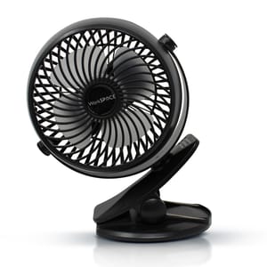 A small, black, portable desk fan with a clamp base, featuring a round protective grill and adjustable head.