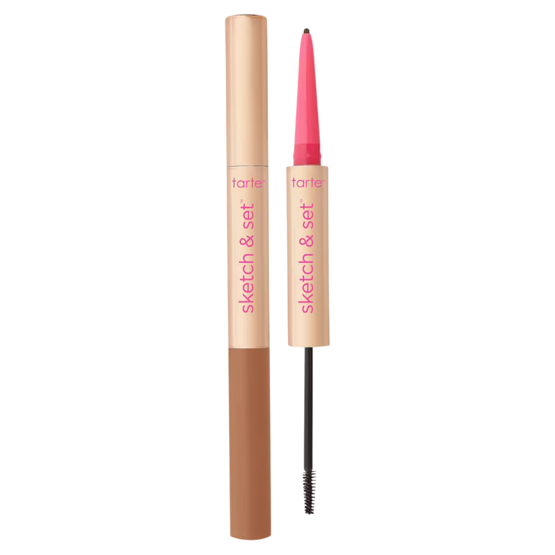 A Tarte \“sketch & set\“ eyebrow pencil and brow gel duo in neutral and pink packaging, featuring a retractable pencil and a small brow brush.